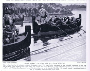 Edgar remato lungo il Dee dai re vassalli AD973 (litografia) da Thomas Heath Robinson