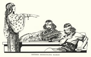 Ester che denuncia Haman (litografia) da Thomas Heath Robinson