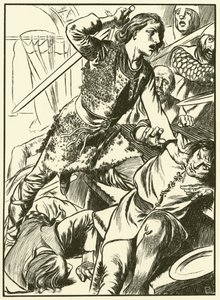 Hereward e i suoi uomini attaccano i Normanni (incisione) da Thomas Heath Robinson