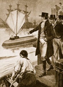 Robert Fulton in Francia mentre mostra il suo sottomarino "Nautilus" in funzione (litografia)