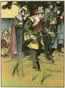 I Padri Pellegrini entrano nel Nuovo Mondo (litografia a colori) da Thomas Heath Robinson