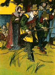 I Padri Pellegrini entrano nel Nuovo Mondo (litografia a colori) da Thomas Heath Robinson