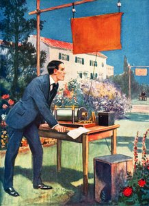 Telegrafia senza fili, uno dei primi esperimenti di Marconi (litografia a colori) da Thomas Heath Robinson