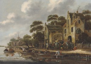 La riva di un fiume, con figure in barca a remi e viaggiatori all