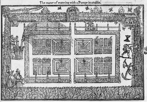 Il modo di annaffiare con una pompa in una vasca, da The Gardeners Labyrinth, 1577 da Thomas Hill