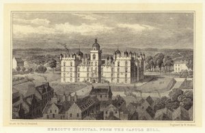 Ospedale di Heriot, dal Castle Hill da Thomas Hosmer (after) Shepherd