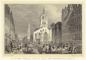 Chiesa di St Giles, County Hall, e Lawnmarket, High Street (incisione) da Thomas Hosmer (after) Shepherd