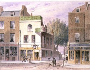 Locanda del Leone Rosso scolpita, Islington Green, data sulla casa 1660 da Thomas Hosmer Shepherd