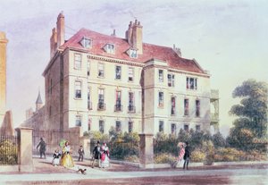 Ingresso a Queen Square dal parco, con vista sulla casa di Jeremy Bentham da Thomas Hosmer Shepherd