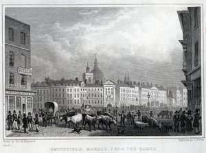 Mercato di Smithfield dai Barrs, inciso da Thomas Barber, c.1830
