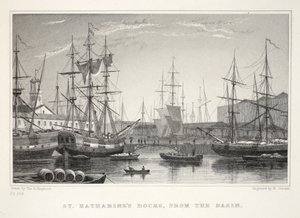 St Katherine Docks, dal bacino, Torre, da Londra e i suoi dintorni nel diciannovesimo secolo pub. Jones e Co., 1827-1829 da Thomas Hosmer Shepherd