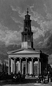 Chiesa di San Pancrazio, Facciata Ovest, inciso da James Tingle 1827 da Thomas Hosmer Shepherd