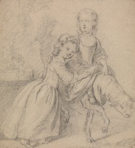 Due Ragazze in un Paesaggio, Una a Cavallo di un Agnello da Thomas Hudson