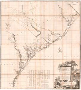 Mappa della Carolina del Sud e di una parte della Georgia di De Brahm da Thomas Jefferys