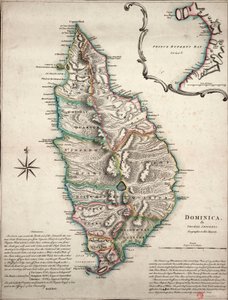 Mappa a colori di Dominica con osservazioni geografiche dettagliate, c.1760 da Thomas Jefferys