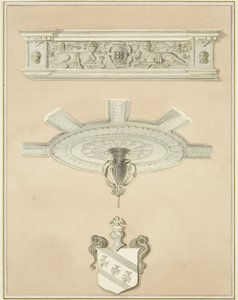 Dettagli della stanza nella Biblioteca Giuridica, incluso il pendente centrale del soffitto e la cornice da Thomas Leeson the Elder Rowbotham