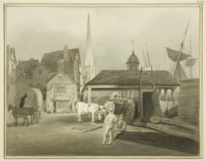 Estremità nord-est di King Street, con il mercato gallese nel 1802 da Thomas Leeson the Elder Rowbotham