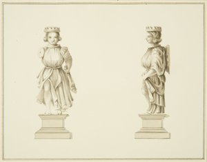 Due vedute di una figura intagliata in legno nella sala della sagrestia della Chiesa di San Giovanni