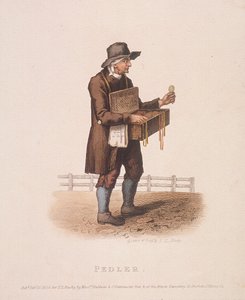 Venditore ambulante con la sua scatola di merci appesa al collo, 1820