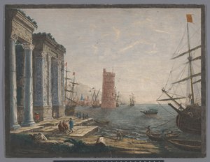 Veduta di un porto con navi e barche sull