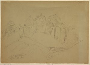 Disegno, fiume Rio Virgin con grandi formazioni rocciose, 1873 da Thomas Moran