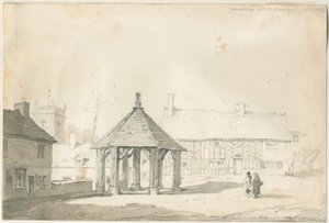 Abbots Bromley Tudor - Croce del mercato e casa: disegno a matita e lavaggio