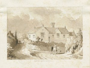 Croxden - Cappella e Scuola: disegno a lavaggio seppia da Thomas Peploe Wood