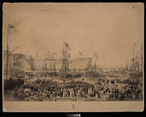 Il varo del Trafalgar, alla presenza di Sua Maestà la Regina Vittoria e Sua Altezza Reale il Principe Alberto, al cantiere navale di Woolwich