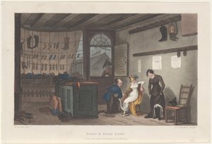 Negozio di stivali e scarpe, da Poetical Sketches of Scarborough, 1813 da Thomas Rowlandson, Joseph Constantine Stadler, J. Bluck