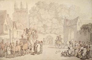 Una carrozza che si prepara a lasciare Canterbury Gate, Christ Church, Oxford, c.1810-15 da Thomas Rowlandson