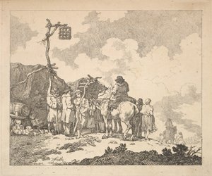 Una fiera - Un gruppo di zingari - Uomini e donne in abiti rustici davanti a due baracche da Thomas Rowlandson