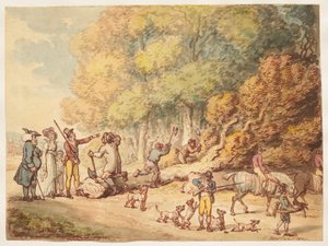 Un cacciatore con la famiglia impartisce istruzioni a boscaioli per tagliare un albero abbattuto da Thomas Rowlandson