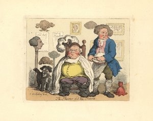 Barbiere e cliente in una barberia decorata con parrucche