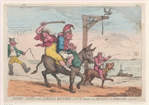 Il macellaio di carcasse Bloody Boney a sinistra del commercio e in pensione a Scarecrow Island, 12 aprile 1814 da Thomas Rowlandson