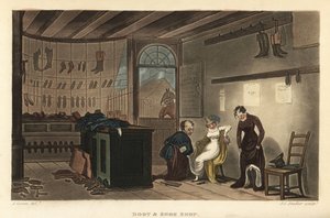 Negozio di scarpe e stivali: donne clienti che provano scarpe e stivali dal calzolaio di Leatherhead da Thomas Rowlandson