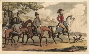 Capitano Johnny Newcome e i suoi servitori con cavalli da soma sulla strada per Santarem, Portogallo, per tornare alla Campagna della Penisola da Thomas Rowlandson