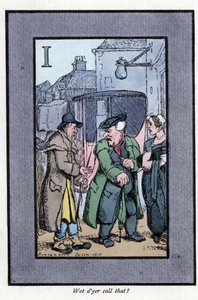 Check Hackney che si lamenta con i passeggeri per le piccole mance (1819). Incisione su legno, basata su un dipinto di Thomas Rowlandson (1756-1827), pubblicata in The Cries of London: con sei bambini affascinanti e quasi 40 illustrazioni, di Andrew Tuer,  da Thomas Rowlandson