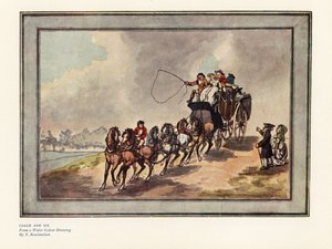 Carrozza e sei cavalli con passeggeri e bagagli sul tetto da Thomas Rowlandson