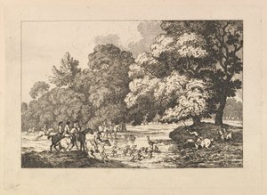 Caccia al cervo – Paesaggio con cervo e segugi in un fiume da Thomas Rowlandson