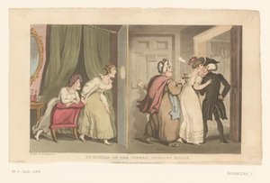 Il dottor Syntax viene accompagnato verso una porta da due donne da Thomas Rowlandson