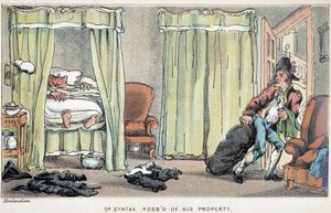 La casa del dottor Syntax svaligiata mentre dorme - in "I tre viaggi del dottor Syntax: alla ricerca del pittoresco, della consolazione e di una moglie" di William Combe, ill. Rowlandson