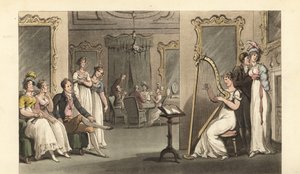 Gentiluomo inglese e signore che ascoltano un arpista a un ballo da Thomas Rowlandson