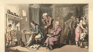 Gentiluomo inglese che scrive una lettera di supplica in un salotto decrepito da Thomas Rowlandson