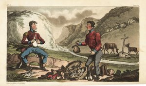 Ensign Johnny Newcome e il suo subalterno che fanno colazione con prosciutto, manzo, biscotti e brandy lungo una strada in Portogallo da Thomas Rowlandson