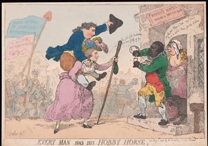 Ogni uomo ha il suo cavallo a dondolo, pub. 1784 (incisione colorata a mano) da Thomas Rowlandson