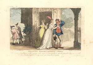 Donna alla moda che invia un messaggio verbale tramite un giullare da Thomas Rowlandson