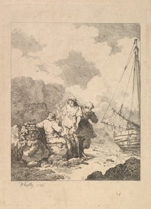 Pescatori sulla riva - Scena costiera con un uomo seduto su rocce e che fuma una pipa, 1786