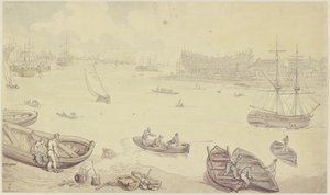 Fiume con molte navi e un cantiere navale da Thomas Rowlandson