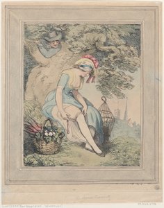 Ragazza con un cesto e una gabbia per uccelli che si aggiusta la giarrettiera, 1785-1795 da Thomas Rowlandson