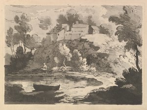 Paesaggio fluviale collinare, una barca in acqua in primo piano a sinistra, una figura sulla riva lontana da Thomas Rowlandson
